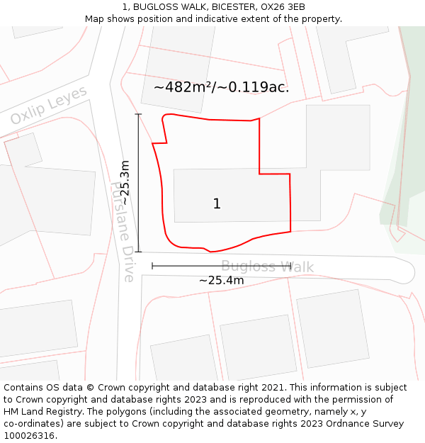 1, BUGLOSS WALK, BICESTER, OX26 3EB: Plot and title map