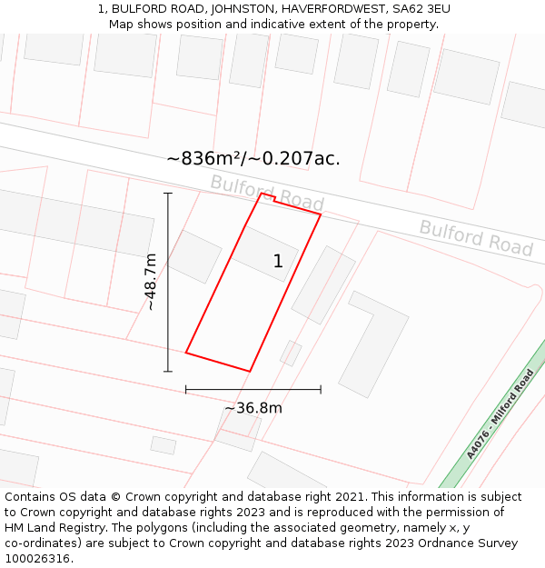 1, BULFORD ROAD, JOHNSTON, HAVERFORDWEST, SA62 3EU: Plot and title map