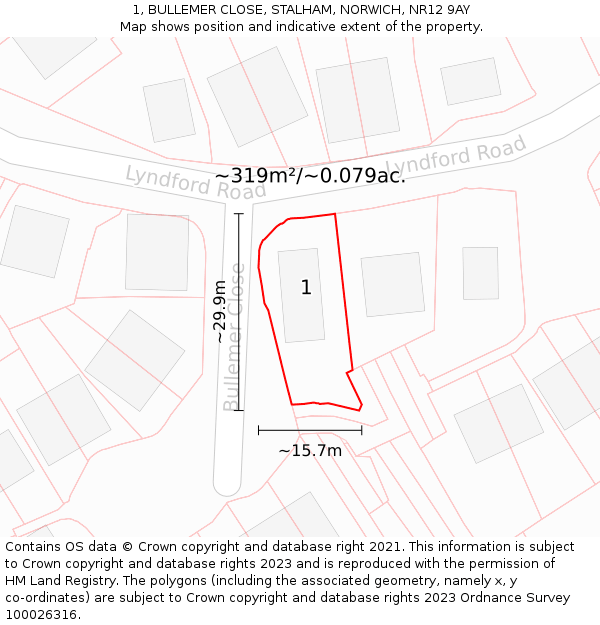 1, BULLEMER CLOSE, STALHAM, NORWICH, NR12 9AY: Plot and title map