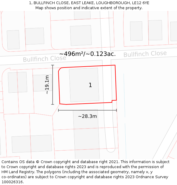 1, BULLFINCH CLOSE, EAST LEAKE, LOUGHBOROUGH, LE12 6YE: Plot and title map