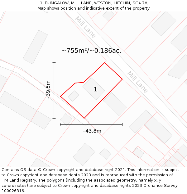 1, BUNGALOW, MILL LANE, WESTON, HITCHIN, SG4 7AJ: Plot and title map