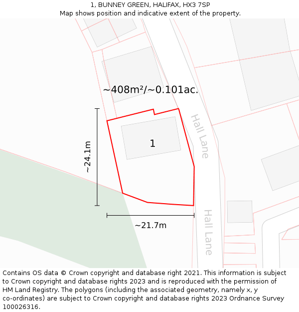 1, BUNNEY GREEN, HALIFAX, HX3 7SP: Plot and title map