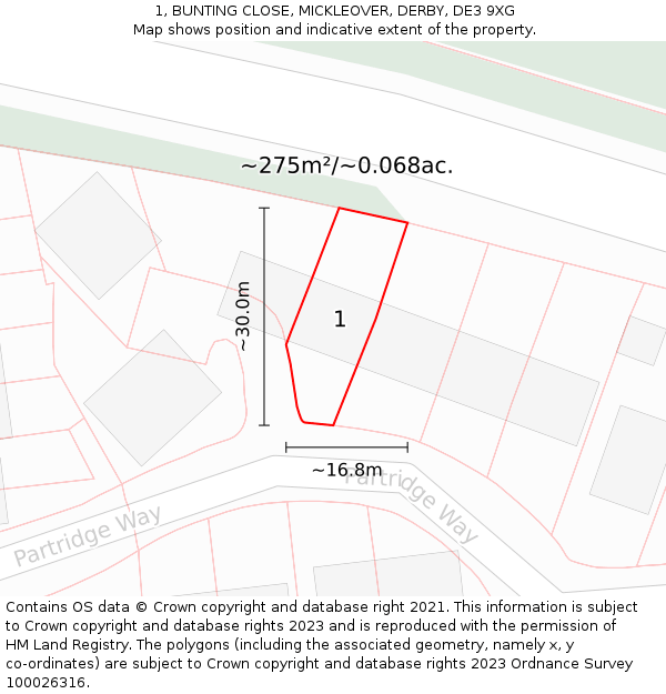1, BUNTING CLOSE, MICKLEOVER, DERBY, DE3 9XG: Plot and title map