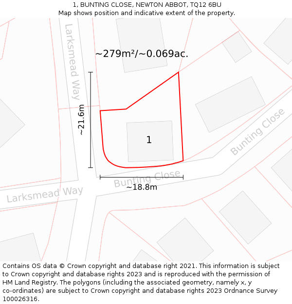 1, BUNTING CLOSE, NEWTON ABBOT, TQ12 6BU: Plot and title map