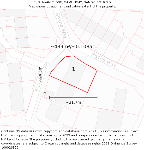 1, BUNYAN CLOSE, GAMLINGAY, SANDY, SG19 3JD: Plot and title map