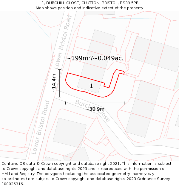 1, BURCHILL CLOSE, CLUTTON, BRISTOL, BS39 5PR: Plot and title map