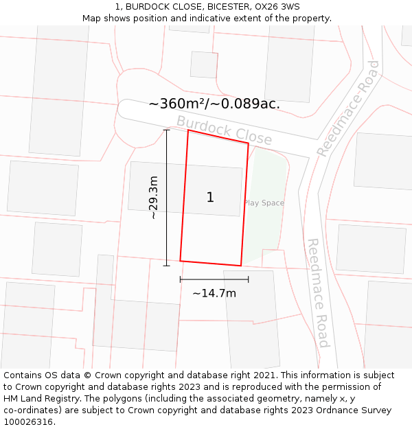 1, BURDOCK CLOSE, BICESTER, OX26 3WS: Plot and title map