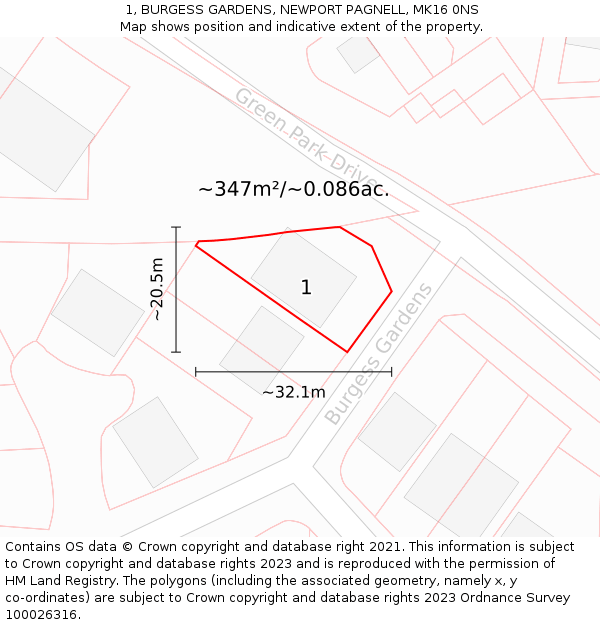1, BURGESS GARDENS, NEWPORT PAGNELL, MK16 0NS: Plot and title map