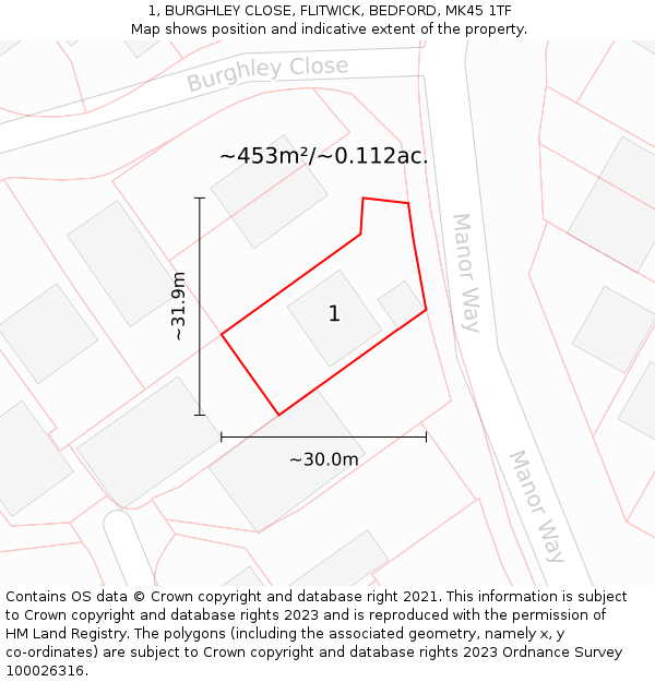 1, BURGHLEY CLOSE, FLITWICK, BEDFORD, MK45 1TF: Plot and title map