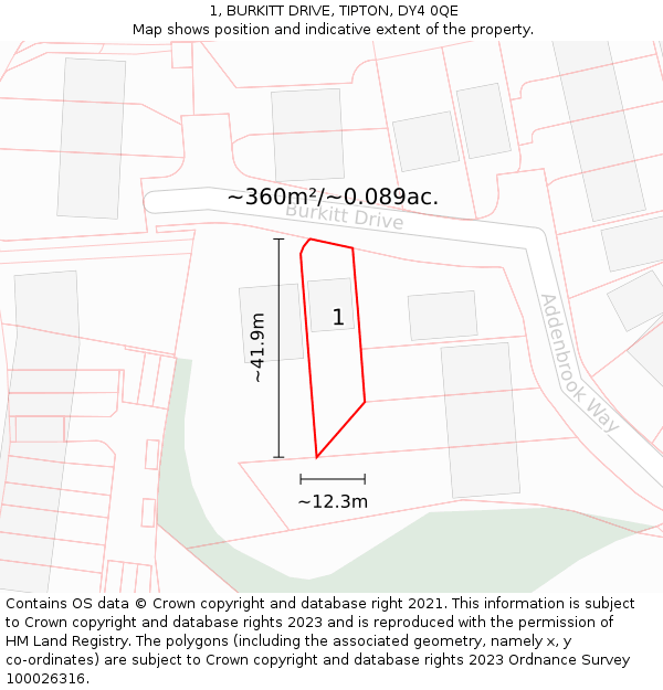 1, BURKITT DRIVE, TIPTON, DY4 0QE: Plot and title map