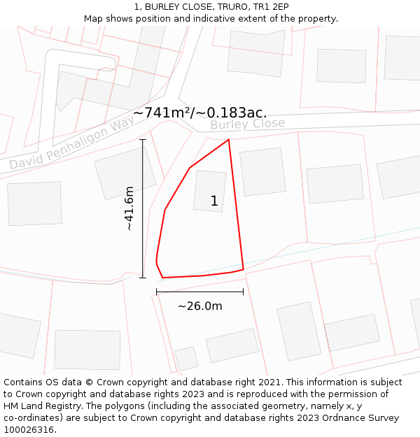 1, BURLEY CLOSE, TRURO, TR1 2EP: Plot and title map