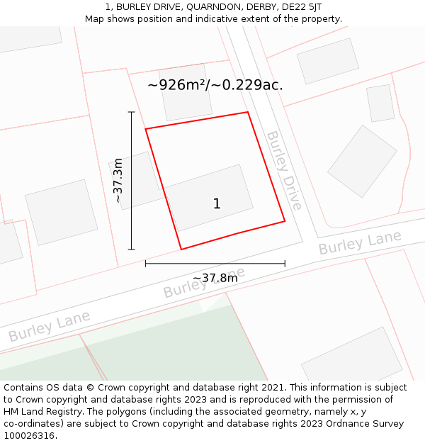 1, BURLEY DRIVE, QUARNDON, DERBY, DE22 5JT: Plot and title map