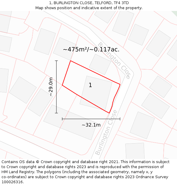 1, BURLINGTON CLOSE, TELFORD, TF4 3TD: Plot and title map