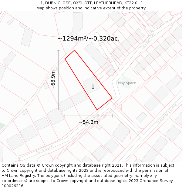 1, BURN CLOSE, OXSHOTT, LEATHERHEAD, KT22 0HF: Plot and title map