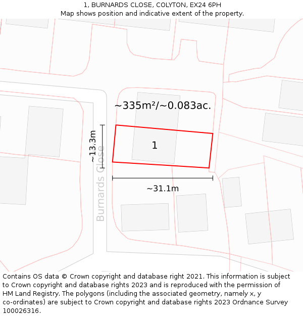 1, BURNARDS CLOSE, COLYTON, EX24 6PH: Plot and title map