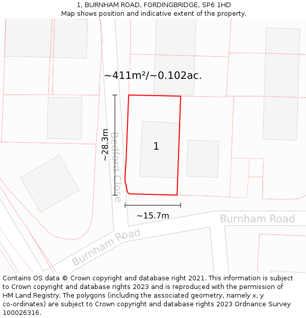 1, BURNHAM ROAD, FORDINGBRIDGE, SP6 1HD: Plot and title map