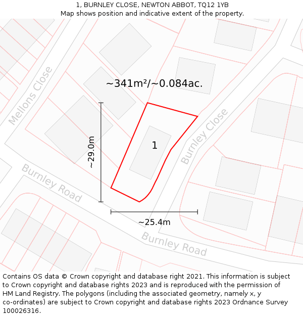 1, BURNLEY CLOSE, NEWTON ABBOT, TQ12 1YB: Plot and title map