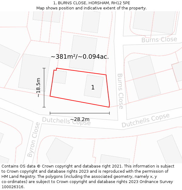 1, BURNS CLOSE, HORSHAM, RH12 5PE: Plot and title map