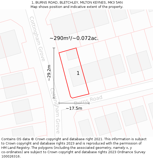 1, BURNS ROAD, BLETCHLEY, MILTON KEYNES, MK3 5AN: Plot and title map