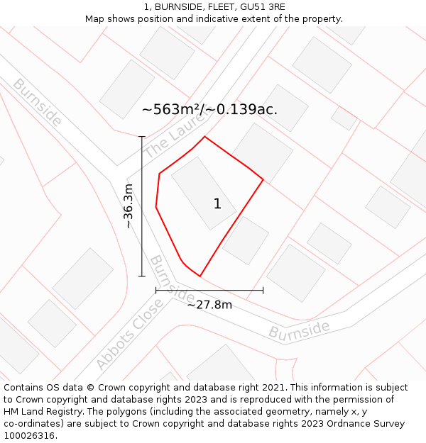 1, BURNSIDE, FLEET, GU51 3RE: Plot and title map