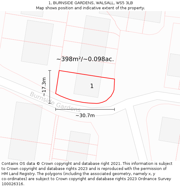 1, BURNSIDE GARDENS, WALSALL, WS5 3LB: Plot and title map
