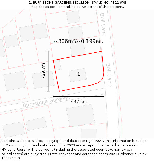1, BURNSTONE GARDENS, MOULTON, SPALDING, PE12 6PS: Plot and title map