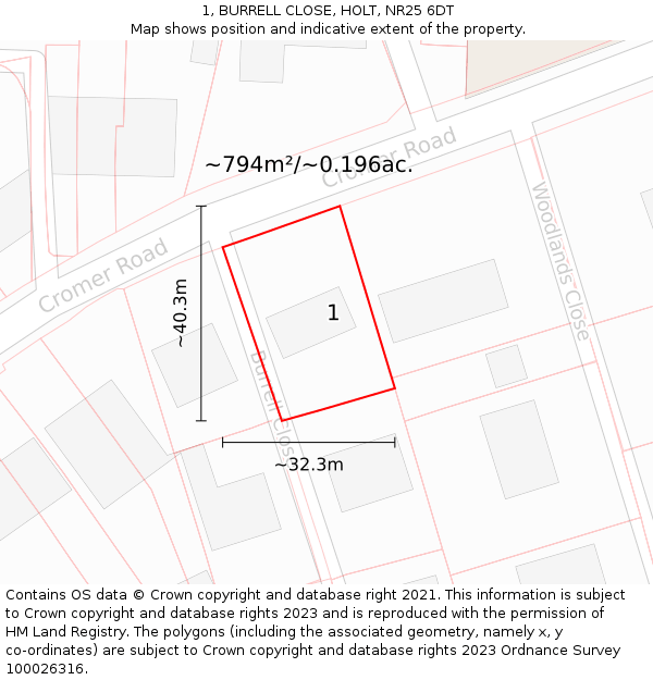 1, BURRELL CLOSE, HOLT, NR25 6DT: Plot and title map