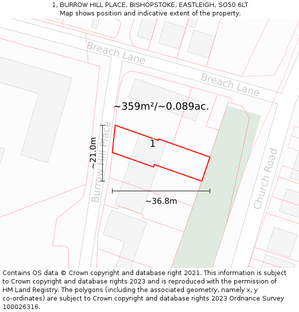 1, BURROW HILL PLACE, BISHOPSTOKE, EASTLEIGH, SO50 6LT: Plot and title map