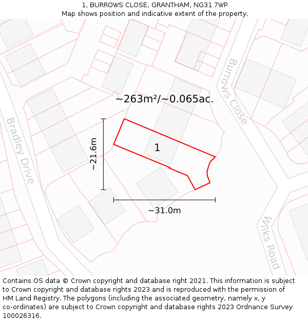 1, BURROWS CLOSE, GRANTHAM, NG31 7WP: Plot and title map