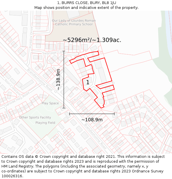 1, BURRS CLOSE, BURY, BL8 1JU: Plot and title map