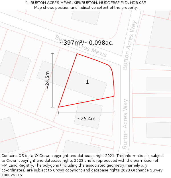 1, BURTON ACRES MEWS, KIRKBURTON, HUDDERSFIELD, HD8 0RE: Plot and title map