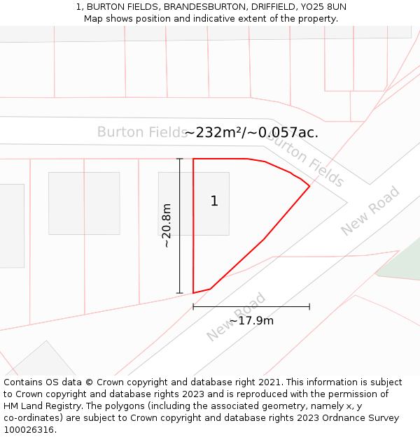 1, BURTON FIELDS, BRANDESBURTON, DRIFFIELD, YO25 8UN: Plot and title map