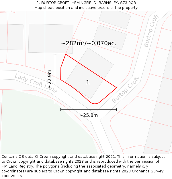 1, BURTOP CROFT, HEMINGFIELD, BARNSLEY, S73 0QR: Plot and title map