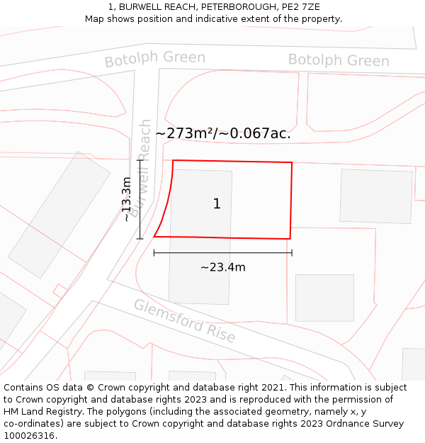 1, BURWELL REACH, PETERBOROUGH, PE2 7ZE: Plot and title map