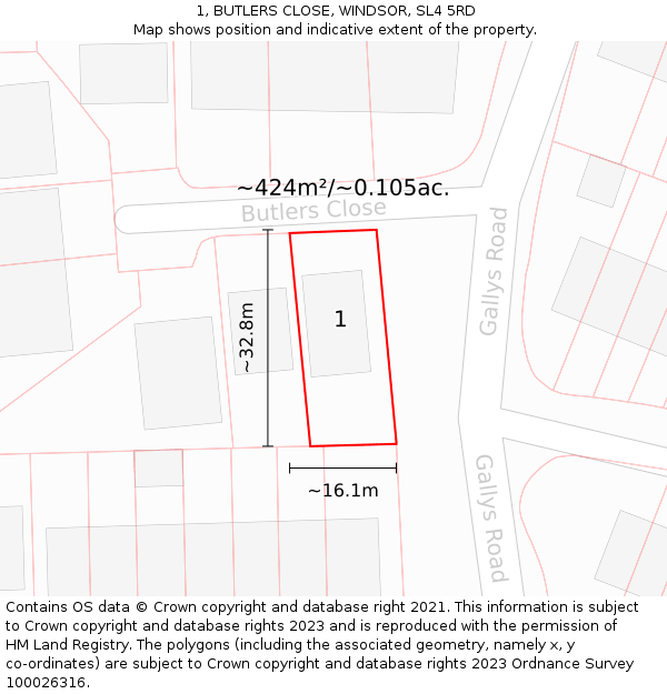 1, BUTLERS CLOSE, WINDSOR, SL4 5RD: Plot and title map