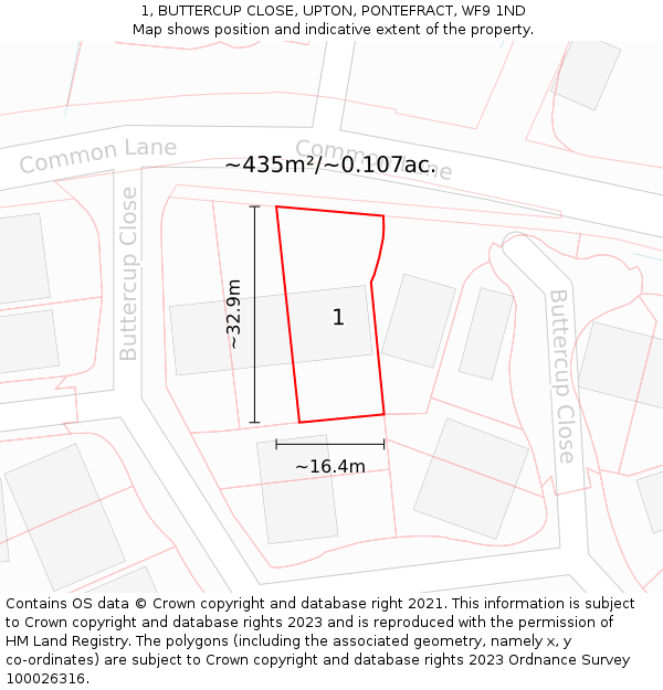 1, BUTTERCUP CLOSE, UPTON, PONTEFRACT, WF9 1ND: Plot and title map