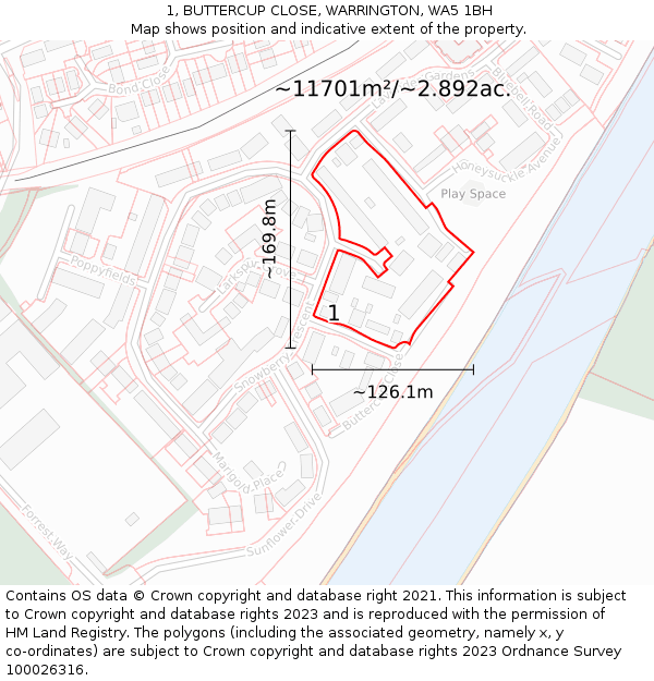1, BUTTERCUP CLOSE, WARRINGTON, WA5 1BH: Plot and title map