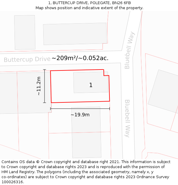 1, BUTTERCUP DRIVE, POLEGATE, BN26 6FB: Plot and title map