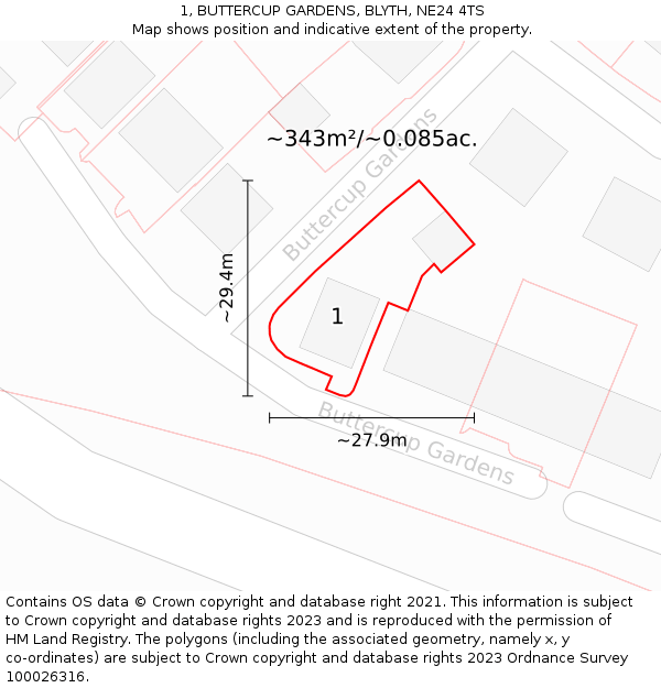 1, BUTTERCUP GARDENS, BLYTH, NE24 4TS: Plot and title map