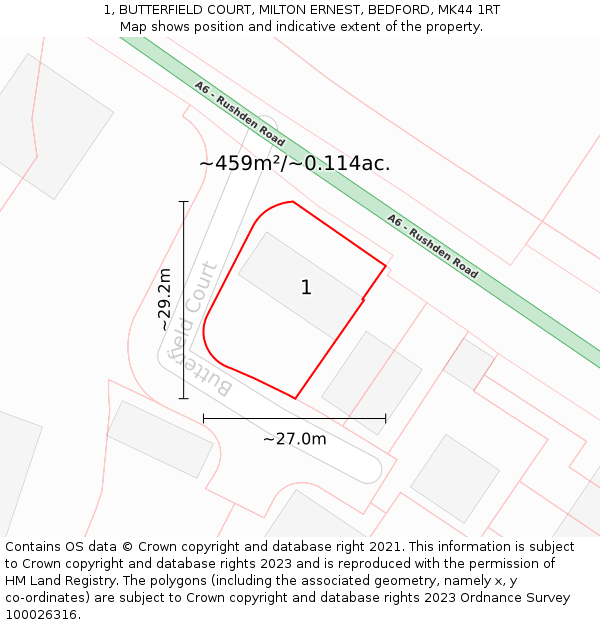 1, BUTTERFIELD COURT, MILTON ERNEST, BEDFORD, MK44 1RT: Plot and title map