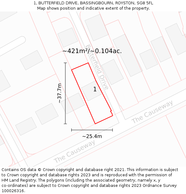 1, BUTTERFIELD DRIVE, BASSINGBOURN, ROYSTON, SG8 5FL: Plot and title map