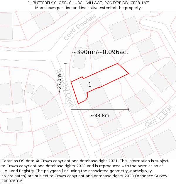 1, BUTTERFLY CLOSE, CHURCH VILLAGE, PONTYPRIDD, CF38 1AZ: Plot and title map