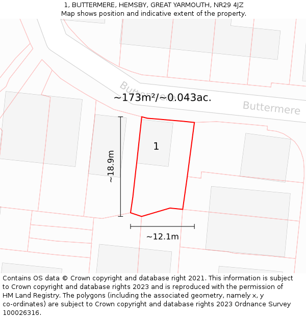 1, BUTTERMERE, HEMSBY, GREAT YARMOUTH, NR29 4JZ: Plot and title map