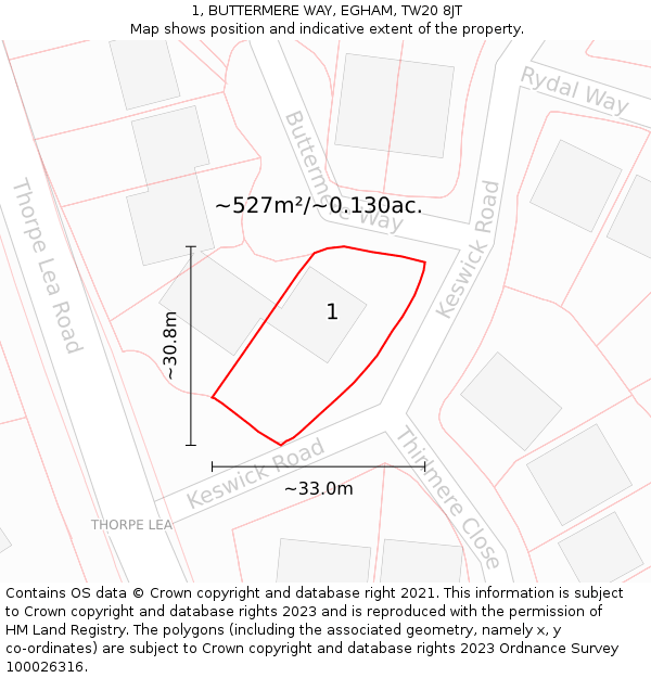 1, BUTTERMERE WAY, EGHAM, TW20 8JT: Plot and title map