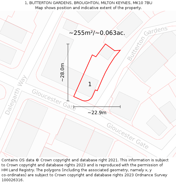 1, BUTTERTON GARDENS, BROUGHTON, MILTON KEYNES, MK10 7BU: Plot and title map