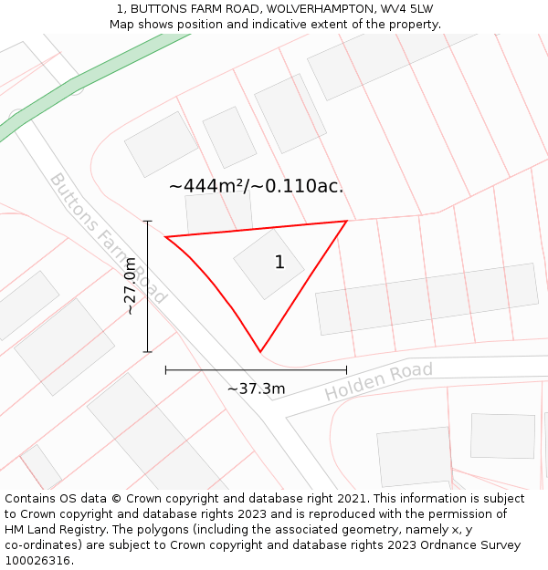 1, BUTTONS FARM ROAD, WOLVERHAMPTON, WV4 5LW: Plot and title map