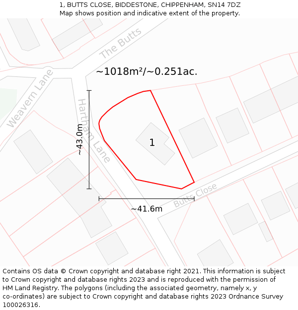 1, BUTTS CLOSE, BIDDESTONE, CHIPPENHAM, SN14 7DZ: Plot and title map