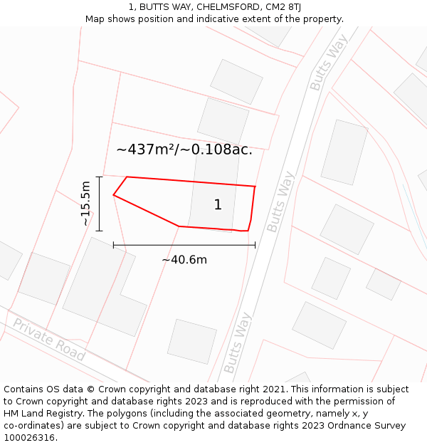 1, BUTTS WAY, CHELMSFORD, CM2 8TJ: Plot and title map