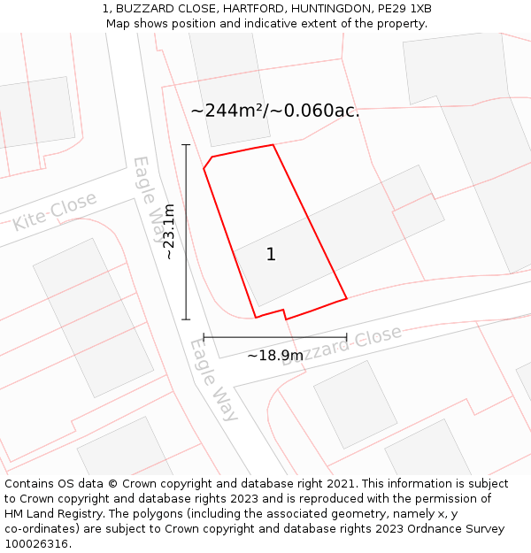 1, BUZZARD CLOSE, HARTFORD, HUNTINGDON, PE29 1XB: Plot and title map