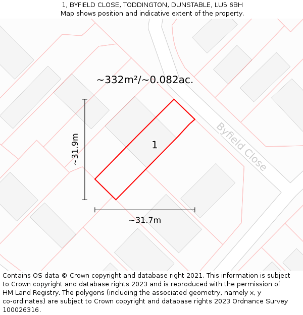 1, BYFIELD CLOSE, TODDINGTON, DUNSTABLE, LU5 6BH: Plot and title map